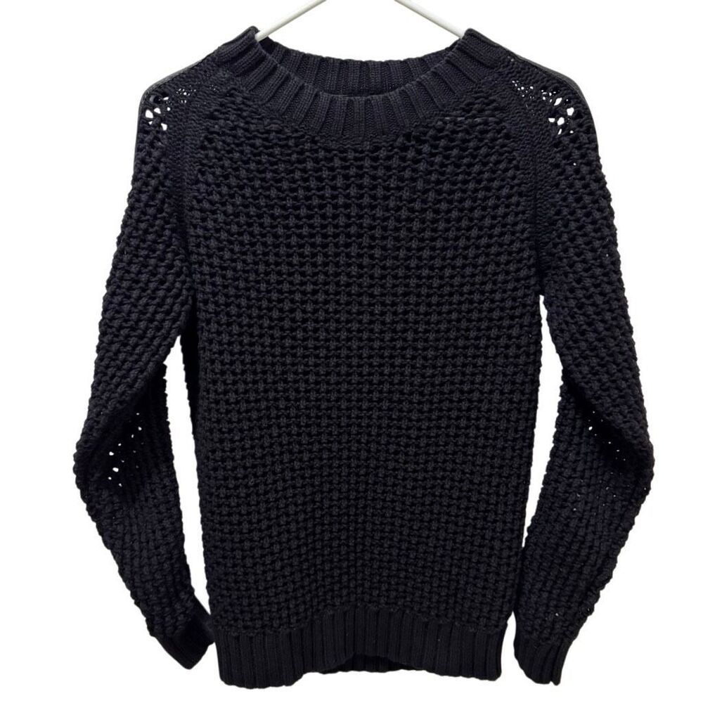 Karl Lagerfeld Black Open Knit Wool Cotton Sweater Leather Sleeve Stripes L